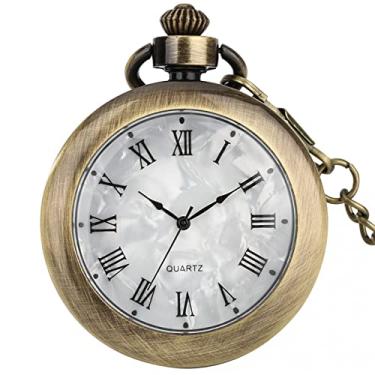 Imagem de TORALF Fob Corrente Numerais Romanos Mostrador Facial Aberto Quartzo Relógio de Bolso Bronze Liga Caixa Pingente Relógio de Bolso