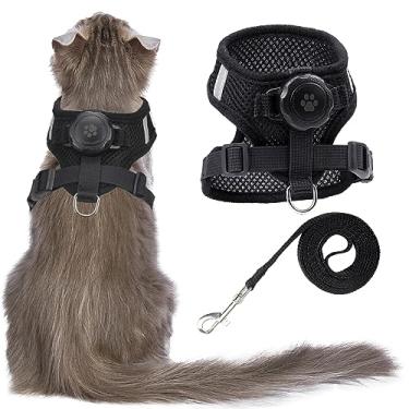 Imagem de Arnês e coleira AirTag para gatos, colete integrado para gatos com suporte de etiqueta de ar 100% à prova d'água, colete refletivo ajustável à prova de fuga com capa Apple Air Tag para gatos, filhotes e filhotes