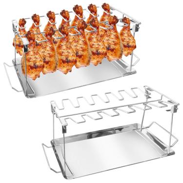 Imagem de BaokiTook Suporte de baqueta - 2 conjuntos de suporte de perna de frango para grelha com bandeja coletora, 14 compartimentos para baquetas de aço inoxidável durável, suporte de torrador de baqueta