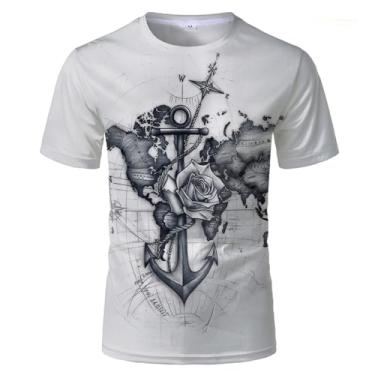 Imagem de Camisetas masculinas de gola redonda, estampa 3D, mapa-múndi e bússola, elementos náuticos, manga curta, Tt-00035, XGG