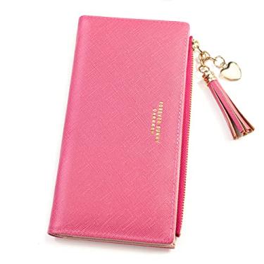 Imagem de Carteira feminina bonita, elegante, longa, fina, porta-cartões, minimalista, porta-moedas, borlas finas, com zíper, carteiras de embreagem para meninas e mulheres, Barbie rosa, L, Minimalista