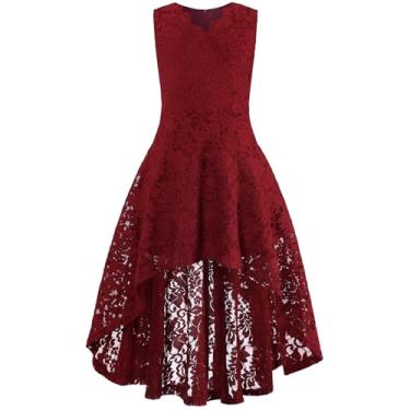 Imagem de binboll Vestido feminino doce e fofo manga bufante gola quadrada com babados e babados vestido rodado 5-14, Vermelho vinho, 9-10 Anos