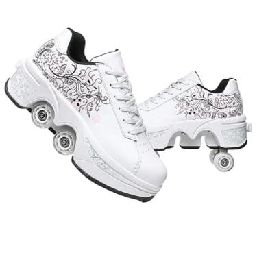Imagem de Patins para mulheres e meninas - Duas fileiras deformam quatro rodas, sapatos de caminhada automática com patins destacáveis - unissex (flor branca, EUA 9)