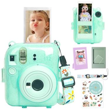 Imagem de WOGOZAN Mini capa para Fujifilm Instax 12, capa rígida de policarbonato transparente com mini moldura, adesivos faça você mesmo, bolso traseiro comporta 10 filmes - verde brilhante