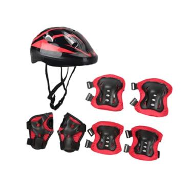 Imagem de Vaveren Capacete de bicicleta infantil, equipamento de capacete de patinação com joelheira, cotoveleira, protetor de pulso, capacete de skate, capacete de, Preto Vermelho