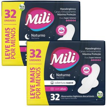 Imagem de Absorvente Pacote 32 Unidades Noturno Mili Com Abas - 2 Pacotes Kit 64