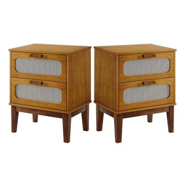 Imagem de Kit 2 Mesa de Cabeceira Santorini 45cm Com 2 Gavetas C/Telinha Pés de Madeira Para Quarto (Nature)