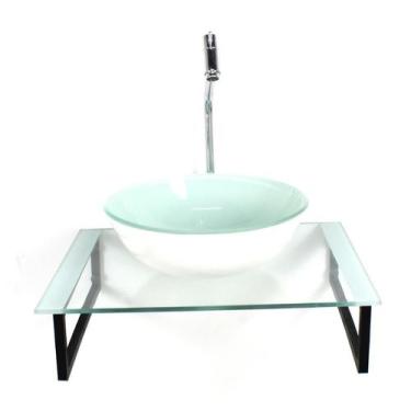 Imagem de Kit Cuba Vidro Redonda 10Mm Tampo 50Cm Branco Suporte - Cubas E Gabine