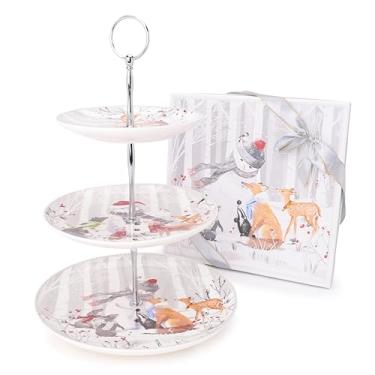 Imagem de Christmas Concepts® Snowman & Friends Deluxe Ceramic Tableware – Suporte de bolo de 3 camadas com caixa de presente decorativa combinando