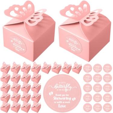 Imagem de Fulmoon Caixa de presente de borboleta para chá de bebê, 100 peças, caixas de lembrancinhas de borboleta rosa, caixas de doces rosa com 100 peças de etiquetas de lembrancinha de chá de bebê para chá