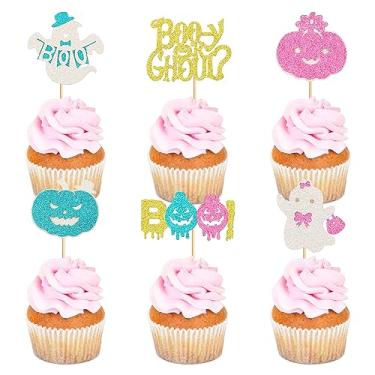 Imagem de Ercadio Pacote com 24 topos de cupcake de Halloween Boo-y ou Ghoul Glitter Halloween fantasma revelação de gênero palhetas de cupcake palhetas de bolo de abóbora boo para chá de bebê, aniversário,