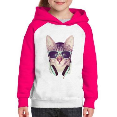 Imagem de Moletom Infantil Gato Headphone - Foca na Moda, Branco, Rosa, 6