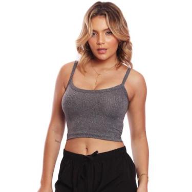 Imagem de Top Cropped Alcinha Canelado Feminina Lisa Básica - Brás e Cia, Cinza,
