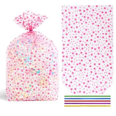 Imagem de SOMIOCO Sacos de presente estrela rosa 25,5 x 30,5 cm, sacos de presente para celofane e celofane, sacos transparentes para biscoitos de doces, sacos de plástico poli com laço torcido (50 peças de