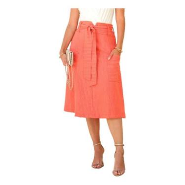 Imagem de Saia Midi Clássica Risca De Giz Em Linho Refinado - Lumia, Coral, P