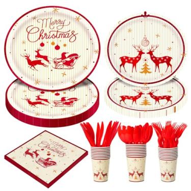 Imagem de Dereinwo Conjunto de louça de rena de Feliz Natal, 175 peças, pratos e guardanapos descartáveis de papel de Natal para 25 convidados, kits de utensílios de mesa, copos, garfos, facas, colheres para