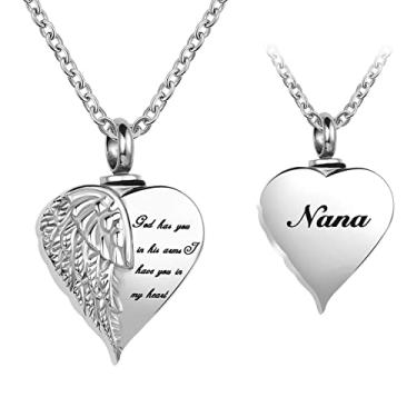 Imagem de LuxglitterLin Colar de urna de cremação de coração com asa de anjo para cinzas humanas, joia memroial God Has You in His Arms I Have You in My Heart (prata-Nana), Metal, Cristal sintético