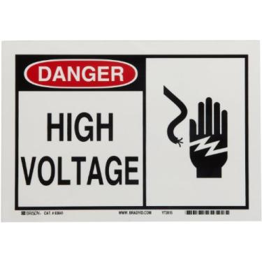 Imagem de Brady 83841 17,8 cm de altura, 25,4 cm de largura, B-302 poliéster de alto desempenho, preto e vermelho sobre branco sinal de alerta de cor, legenda "perigo, alta tensão com picto"