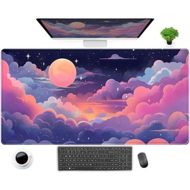 Imagem de Lindo tapete de mesa rosa roxo nuvens espaciais anime gaming mouse pad céu pastel mesa pad 2GG grande estendido mousepad 80 x 40 cm, teclado e mouse para laptop para mulheres, decoração de escritório