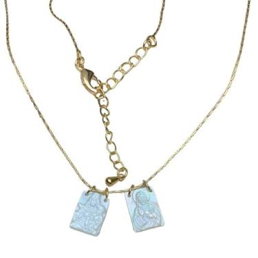 Imagem de Escapulário "Coração de Jesus & Nossa Senhora" Madrepérola Corrente Cobra 45+5cm Ouro 18k Proteção Espiritual Unissex – Acompanha Bolsa de Veludo