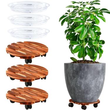 Imagem de Planterhoma Pacote com 3 Plant Caddy com Rodas, Resistente, 16", Suporte de Madeira para Plantas com Rodas, Carrinho para Plantas, Suporte para Plantas com Rodízios para Ambientes Internos E Externos,