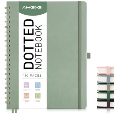 Imagem de AHGXG Caderno espiral de 21,6 cm x 28 cm, caderno grande de couro A4 pontilhado de capa dura, papel quadriculado de 100 g/m², bolso interno, para diário de balas, verde sálvia