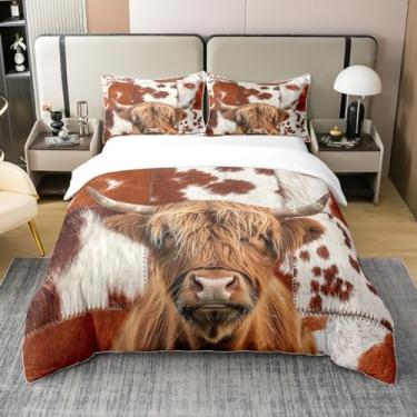 Imagem de Capa de edredom queen 100% algodão natural do sudoeste highland pele de vaca patchwork super macio, capa de edredom retrô rural de vaca de fazenda 3 peças (sem edredom)