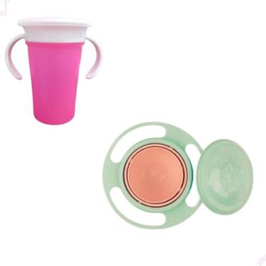 Imagem de Conjunto De Prato Mágico Infantil Giratório E Copo De Treinamento 360º Antivazamento - ROSA
