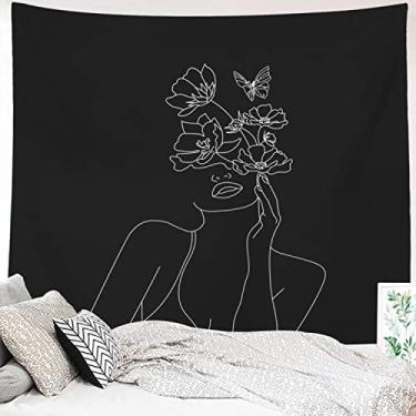 Imagem de Miytal Art Line Aesthetic Black Tapestry, Simple Women with Flower Butterfly Wall Hanging, Modern Minimalist Abstract Creative Sketch Wall Décor for Dorm Bedroom Office - 51.2" x 59.1” - Black