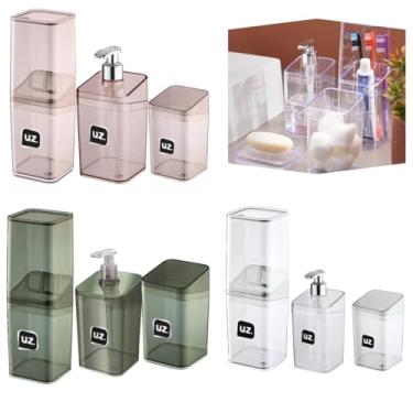 Imagem de Kit de Banheiro 3pcs Luxo Genérico - Porta Escova Sabonete Líquido Porta Algodão Acrílico Premium (ROSA)