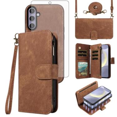 Imagem de Capa de celular para Samsung Galaxy S24 Plus/S25 Plus S24+ S25+ 5G Carteira magnética destacável com protetor de tela transversal e suporte para cartão S24Plus 24S + S 24 24+ S25Plus 25S 25+ Marrom