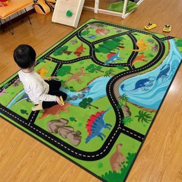 Imagem de Tapete infantil com sistema rodoviário Jurassic Forest Park – Tapete infantil de 1,5 x 1,8 m com suporte de borracha, estegossauro, espinossauro, dinossauro para brincar, ótimo para brincar com carros