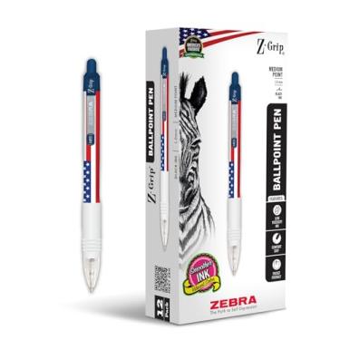 Imagem de Zebra Pen Caneta esferográfica retrátil Z-Grip, pacote com 12, barril com bandeira americana, tinta preta, ponta média de 1,0 mm, aderência macia, design patriótico elegante, canetas de escrita suave
