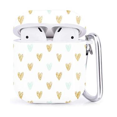 Imagem de Compatível com Airpods 2 e 1 – Capa macia de gel TPU à prova de choque com clipe mosquetão chaveiro (corações dourados de bolinhas)