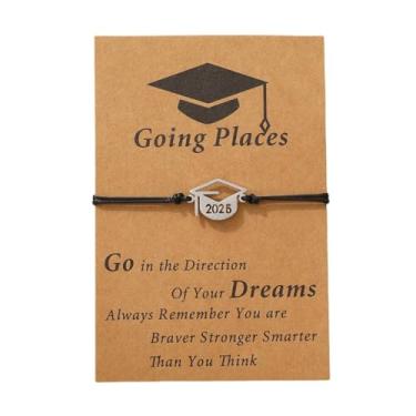 Imagem de Chapéu de formatura feito à mão 2025 pulseira com gravação para mulheres e homens, pulseiras de aço inoxidável polido PHD Master College High School Presentes de formatura com cartão inspirador, One