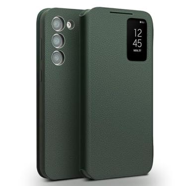 Imagem de fake action Capa inteligente de couro genuíno para Samsung Galaxy S23 Light Phone Cover com Smart View para S23 (apenas para S23 Green)