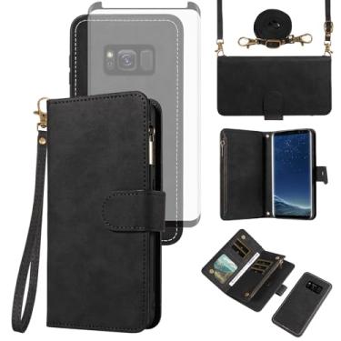 Imagem de Asuwish Capa de celular para Samsung Galaxy S8 carteira com zíper destacável com protetor de tela de vidro temperado alça transversal alça flip compartimento para cartão S 8 8S Edge SM-G950U feminino