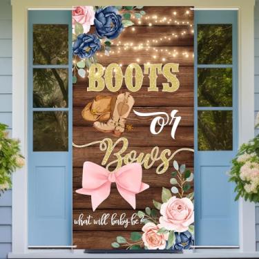 Imagem de Faixa de porta de revelação de gênero para botas ou laços | Botas de cowboy de madeira rústica para revelar decorações de festa | Fundo de fotografia de chá de bebê para meninos ou meninas para