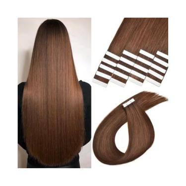 Imagem de Fita para extensão de cabelo Fita em extensões de cabelo cabelo humano real # 4 chocolate marrom cabelo remy brasileiro sikly reto 20 peças 50g fita de trama de pele sem costura em extensões Fita para