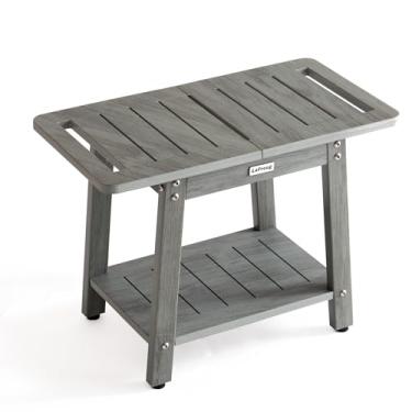 Imagem de LaFroug Banco de chuveiro grande, banco de chuveiro HDPS resistente para chuveiro interno, assento de cadeira de chuveiro de 2 camadas com prateleira para banho, descanso de pés de chuveiro à prova