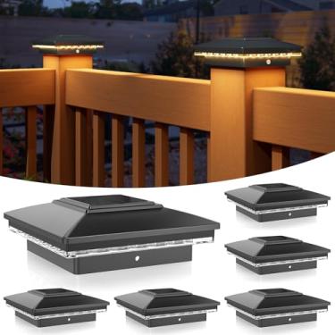 Imagem de APONUO Luzes solares, poste de cerca, luzes solares brancas quentes, luzes de poste solares ao ar livre, à prova d'água, jardim, pátio, quintal, luzes para cerca, 10 x 10 cm, ligar/desligar