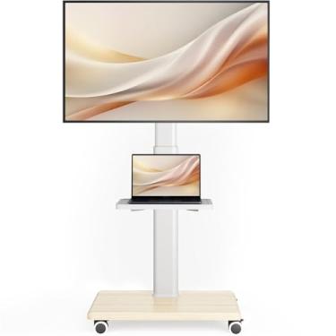Imagem de AX WABER Suporte universal para TV de piso, suporte de TV portátil com rodas, altura giratória de 80 graus ajustável para LED LCD OLED de 27 a 65 polegadas, comporta carrinho de TV móvel de até 400 kg