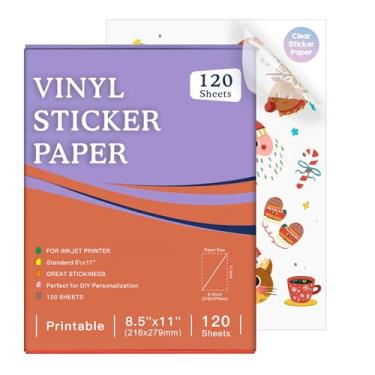Imagem de 120 folhas de papel adesivo transparente imprimível para impressora a jato de tinta, papel adesivo transparente de vinil premium, impermeável, seca rapidamente, cores vivas, resistente a rasgos,