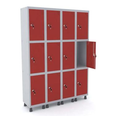 Imagem de Roupeiro de aço 4m 12 portas fechadura pandin - cinza/vermelho