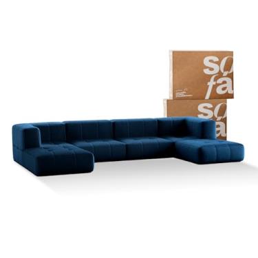 Imagem de Sofá 4 lugares Modular com 2 Apoios (Puff) - Sofá na Caixa em Boucle com 6 Módulos 3,44m (Azul)