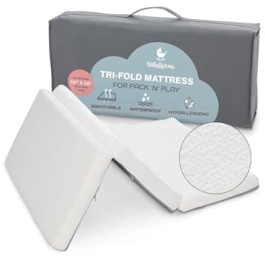 Imagem de Protetor de colchão impermeável Pack and Play - 96,5 cm x 66 cm | Estilo de três dobras - Espuma de pelúcia macia respirável - Topper de colchão de playard portátil - Colchões de espuma de bebê para