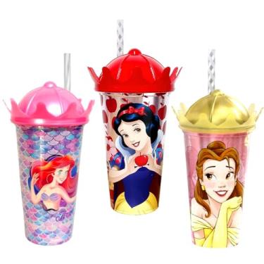 Imagem de Kit 3 Copos de Coroa e Canudo das Princesas Ariel Branca de Neve e Bela