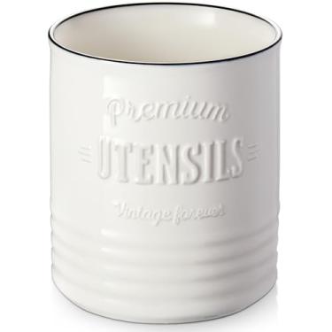 Imagem de DOWAN Suporte de utensílios de cozinha, suporte de utensílios de cerâmica extra grande de 18 cm, pote de utensílios de cozinha rústico para decoração de cozinha de fazenda com fundo de cortiça de proteção de bancada, organizador de utensílios de balcão