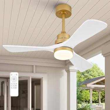 Imagem de FXZZ Ventilador De Teto De 42 Polegadas Com Luzes, Controle Remoto, Regulável, Lâminas De Madeira Maciça, Desligamento Por Memória, Motor Cc Silencioso, Ventilador De Teto Moderno Branco E Dourado P