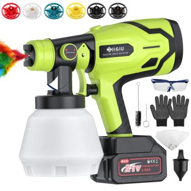 Imagem de JiGiU Pistola De Pintura Sem Fio Hvlp, Pistola De Pintura Elétrica 300 W/ 1000 Ml/ 6 Bicos/ 3 Padrões, Pulverizadores De Tinta Com Bateria De 21 V, Controle De Fluxo Ajustável Para Armários, Parede